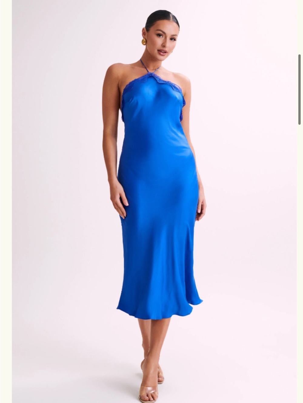 Meshki Royal Blue Satin Halter Midi Dress - Picture 1 of 3